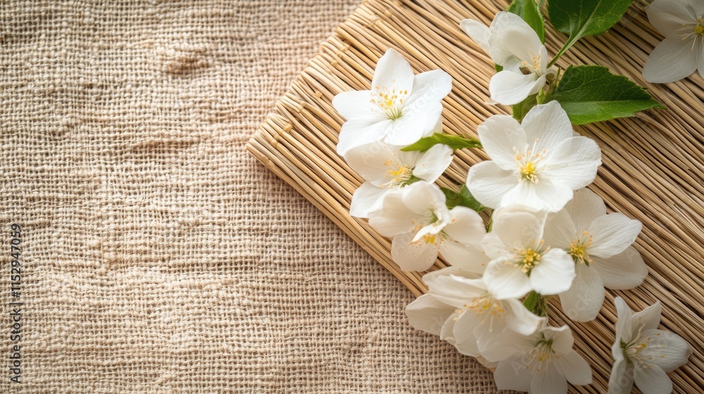 Delicate white flowers arranged on a natural wicker napkin with a soft textured background and ample copy space for design purposes Delicate white flowers arranged on a natural wicker napkin with a soft textured background and ample copy space for design purposes