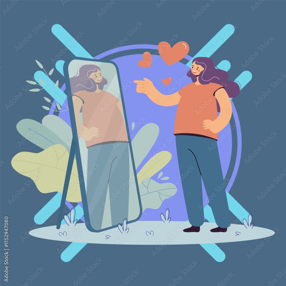 Fototapeta premium Happy narcissist girl looking at herself at mirror, admiring her beautiful reflection. Vector illustration for self love, proud, admiration, narcissism concept