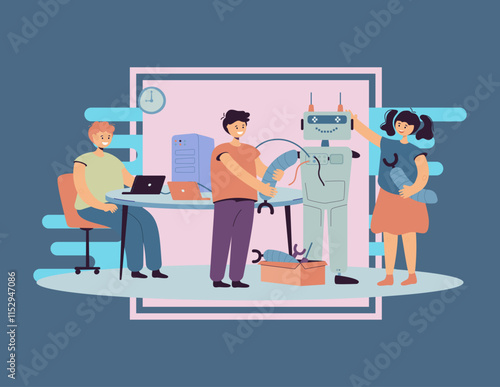 Happy children making robot for school project flat vector illustration. Cartoon students learning robotics with teacher. Engineering technology and education concept