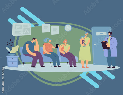 Group of patients waiting their turn at doctor office in clinic corridor. Moms with babies visiting therapist. Vector illustration for healthcare, medical service, visiting practitioner concept