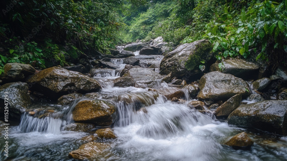Scenic creek flowing through lush greenery in a mountainous landscape during an adventurous trekking experience Scenic creek flowing through lush greenery in a mountainous landscape during an adventurous trekking experience