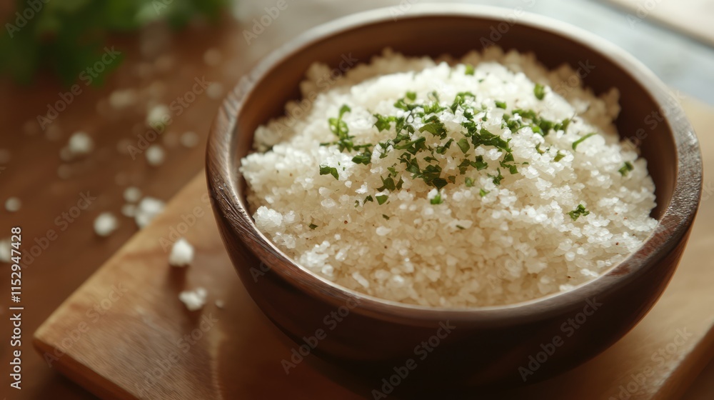 Natural sea salt in a rustic bowl garnished with herbs showcasing its coarse texture and pure white color on a wooden surface. Natural sea salt in a rustic bowl garnished with herbs showcasing its coarse texture and pure white color on a wooden surface.