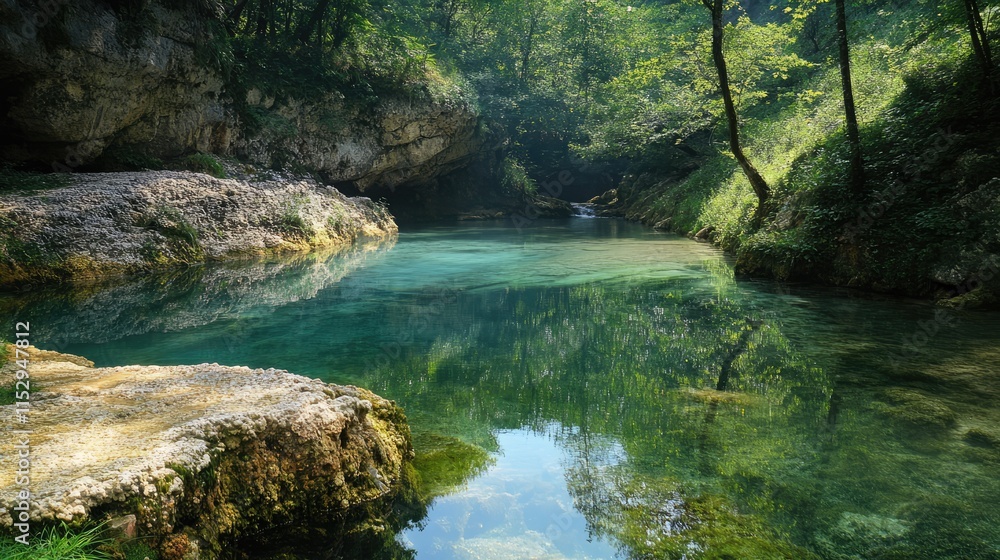 Tranquil natural landscape showcasing a serene pool with clear water surrounded by lush greenery and unique carbonate mineral formations Tranquil natural landscape showcasing a serene pool with clear water surrounded by lush greenery and unique carbonate mineral formations