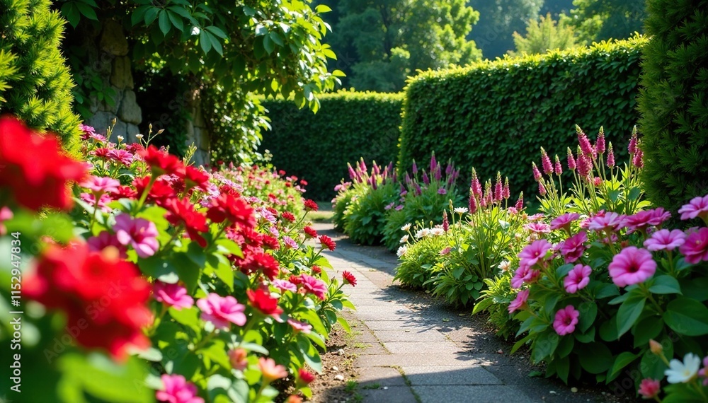 Colorful flowers in a lush garden with stone walls, garden, lush Colorful flowers in a lush garden with stone walls, garden, lush
