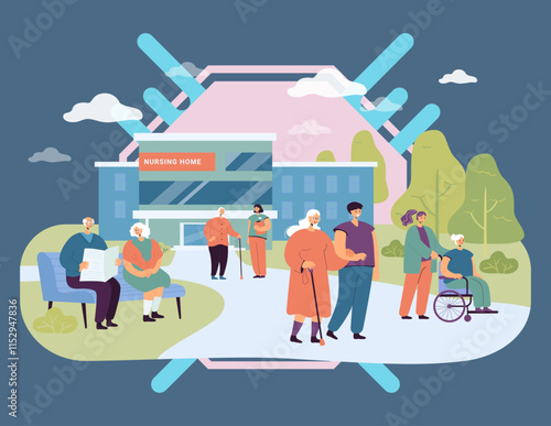 Nursing home building and visitors with elderly people. Group of seniors on walk with caregivers or nurses flat vector illustration. Treatment, elderly care, health concept for banner or landing page