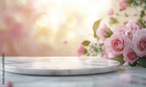 beautiful table top shot featuring marble surface with pink roses, creating romantic and elegant atmosphere. Perfect for wedding or event decor