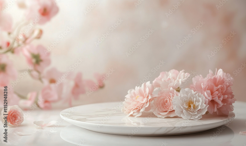 beautiful table top shot of delicate pink and white flowers arranged on smooth plate, creating serene and elegant atmosphere perfect for weddings or special occasions beautiful table top shot of delicate pink and white flowers arranged on smooth plate, creating serene and elegant atmosphere perfect for weddings or special occasions
