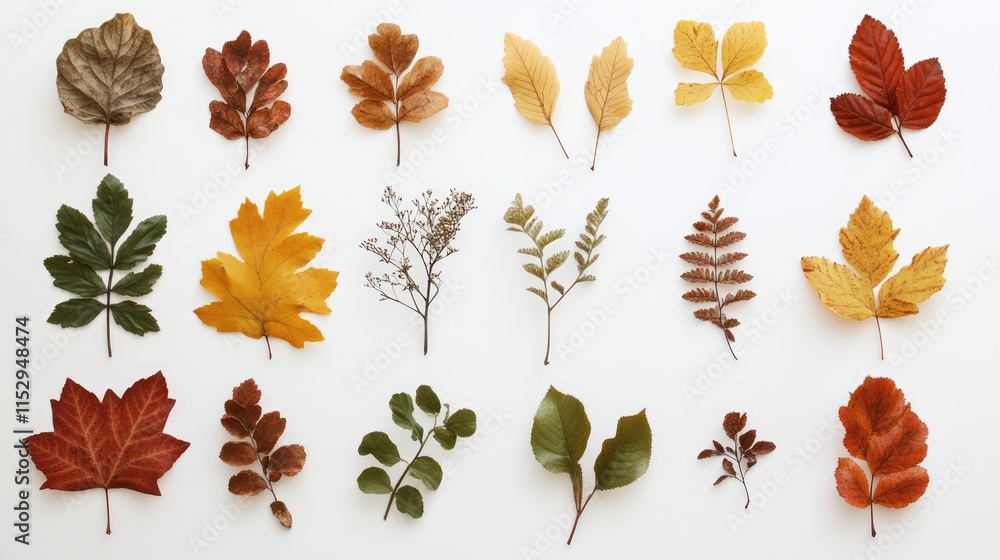 Fototapeta premium Various Autumn Leaves Displayed on White Background in Artistic Arrangement