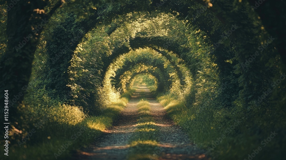Enchanting forest pathway surrounded by lush greenery creating a serene natural tunnel effect for tranquil outdoor scenes. Enchanting forest pathway surrounded by lush greenery creating a serene natural tunnel effect for tranquil outdoor scenes.