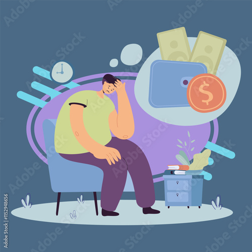 Sad unhappy person having money problem. Broke man feeling sad and depressed, staying home and thinking of unpaid loan. Vector illustration for bankrupt, financial crisis, depression concept