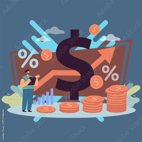 Recession of money value on finance market. Price increase, business risk, coins and percentage rate flat vector illustration. Economy, inflation concept for banner, website design or landing web page