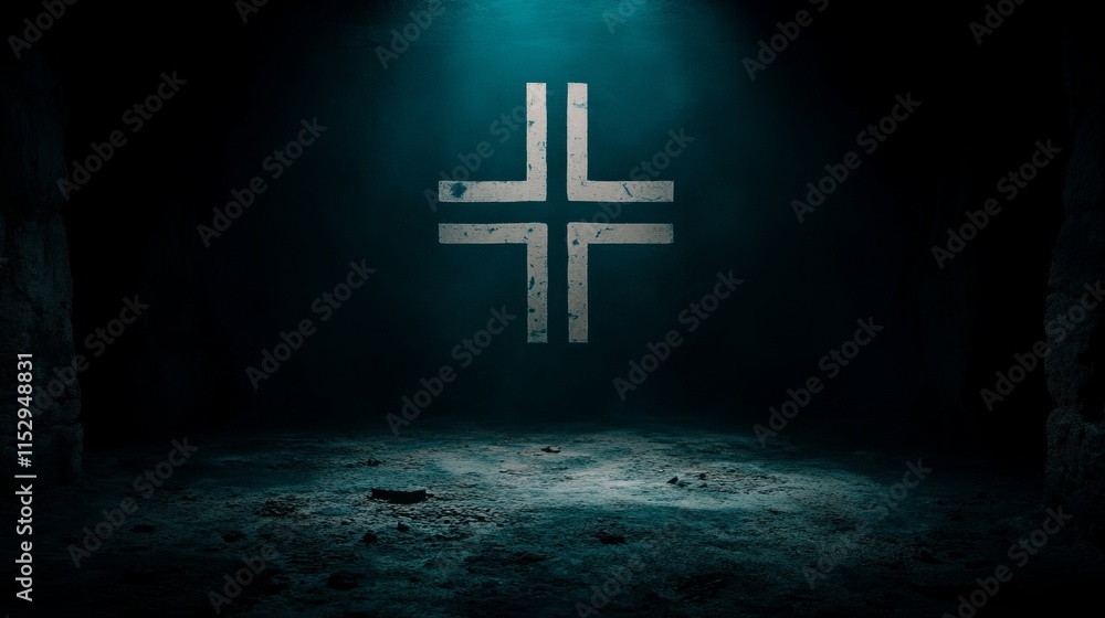 Naklejka premium Mysterious Cross Symbol in Dark Stone Chamber