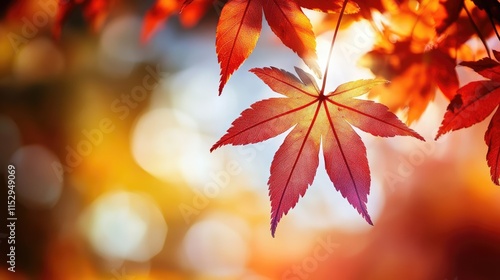 Autumn leaves glowing in sunlight creating a vibrant natural background with soft bokeh effect ideal for seasonal designs and themes photo