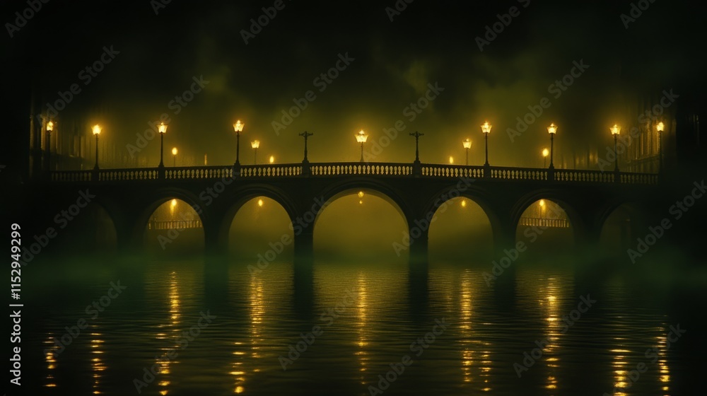 Mysterious Night Bridge Enveloped in Fog, Illuminated by Lights Mysterious Night Bridge Enveloped in Fog, Illuminated by Lights