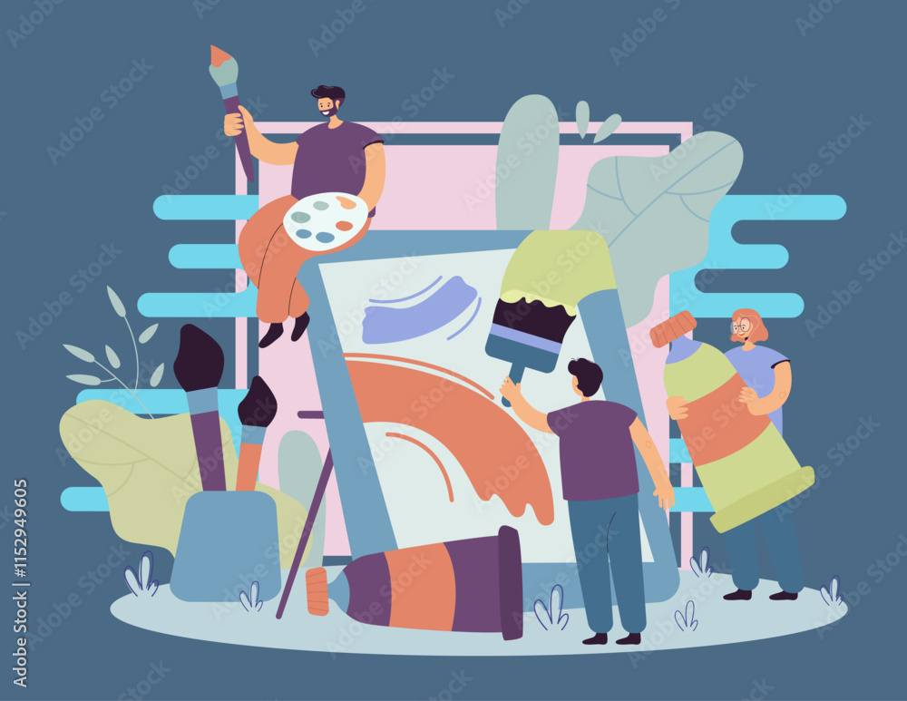Obraz premium Tiny artists creating artwork together flat vector illustration. Positive cartoon characters painting or drawing on canvas with paintbrush. Art community and workshop concept