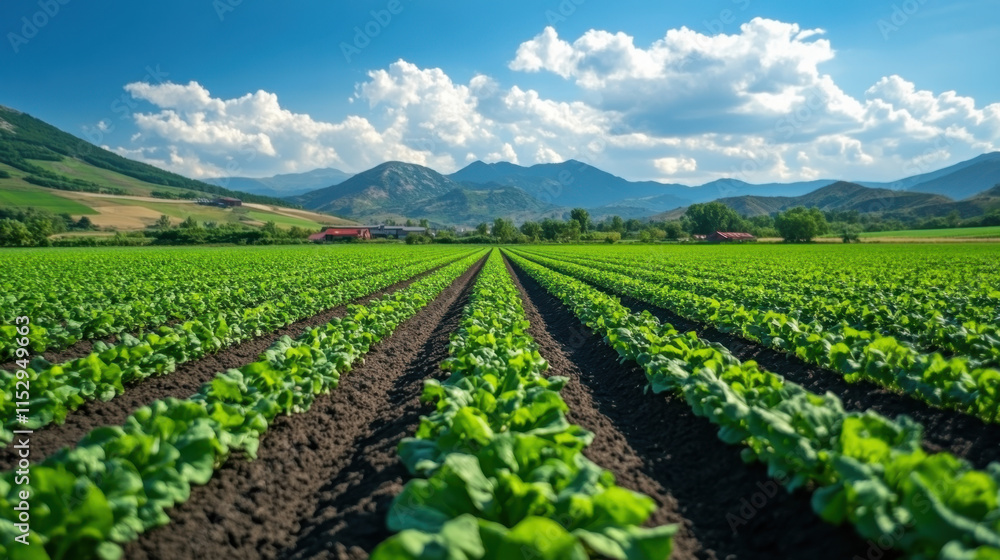 Lush green rows of crops stretch across vast agricultural landscape under bright blue sky. mountains in background add to serene beauty of this farming scene Lush green rows of crops stretch across vast agricultural landscape under bright blue sky. mountains in background add to serene beauty of this farming scene