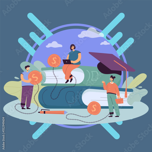 Students without scholarship taking university or college loans. Huge books and coins, money or fee for degree flat vector illustration. Education, finances, economy concept for banner, website design