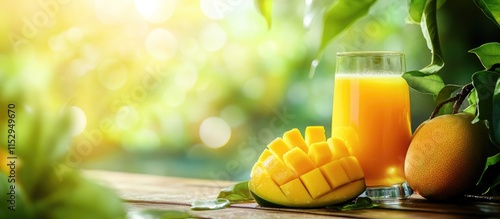 Fresh mango juice in a glass with cut mango slices and greenery in the background, showcasing a natural and refreshing beverage. photo