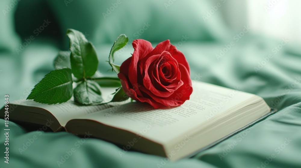 Beautiful Red Rose Resting Atop an Open Book on a Soft Green Background Beautiful Red Rose Resting Atop an Open Book on a Soft Green Background