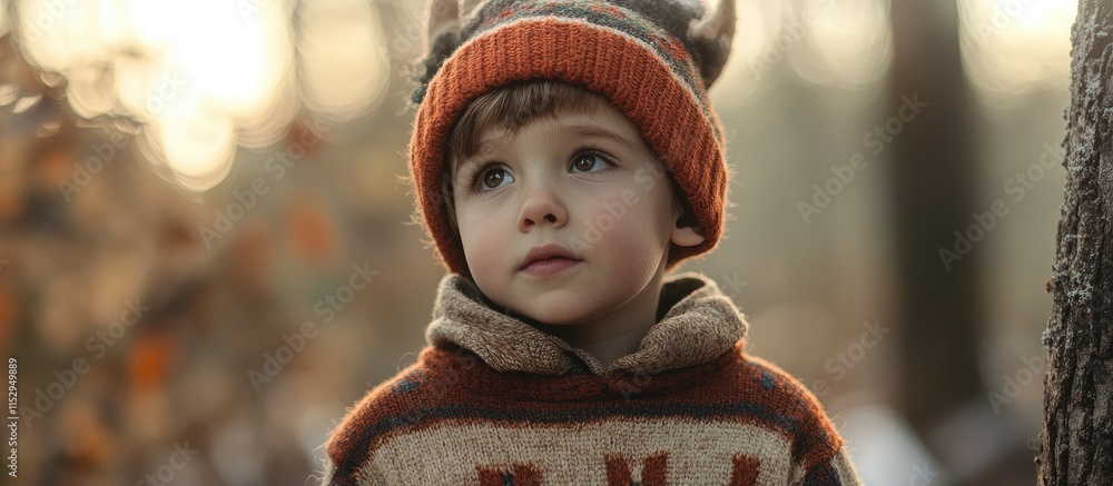 Child in outdoor sweater and elf hat exploring serene forest setting during autumn or winter season. Child in outdoor sweater and elf hat exploring serene forest setting during autumn or winter season.