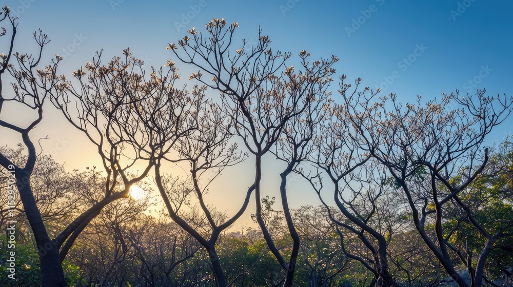 Frangipani trees silhouetted against a stunning sunrise in a tranquil garden setting Frangipani trees silhouetted against a stunning sunrise in a tranquil garden setting
