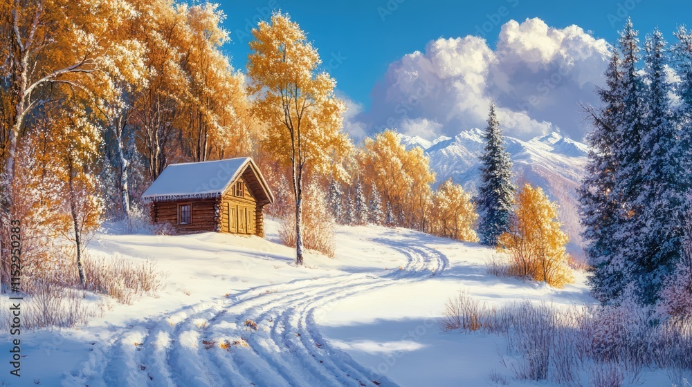 Fototapeta premium Snowy winter landscape with cabin surrounded by colorful trees under a blue sky and mountains in the background