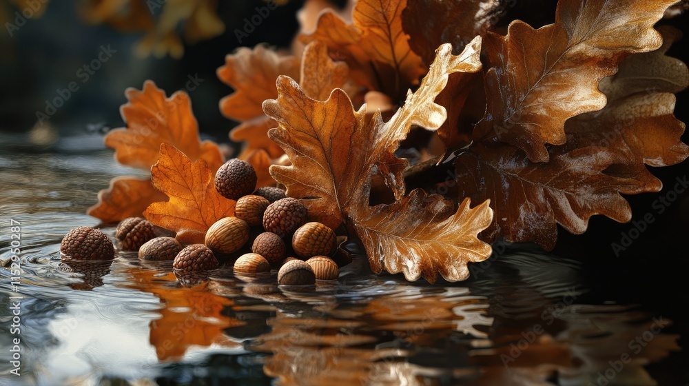 Oak leaves and acorns floating on water surface reflecting autumn colors and natural beauty Oak leaves and acorns floating on water surface reflecting autumn colors and natural beauty