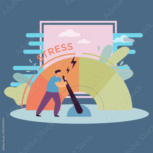 Tired and angry business person reducing level of stress. Male character pulling arrow, frustration measure flat vector illustration. Stress, crisis, time management concept for banner, website design