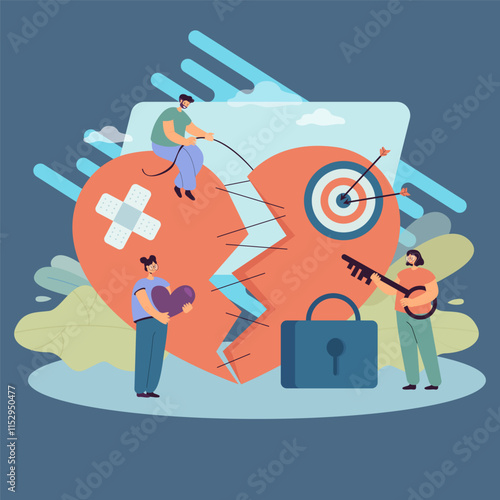 Tiny people fixing broken heart. Heart of vulnerable and sensitive person after breaking up flat vector illustration. Relationship, love, emotions concept for banner, website design or landing page