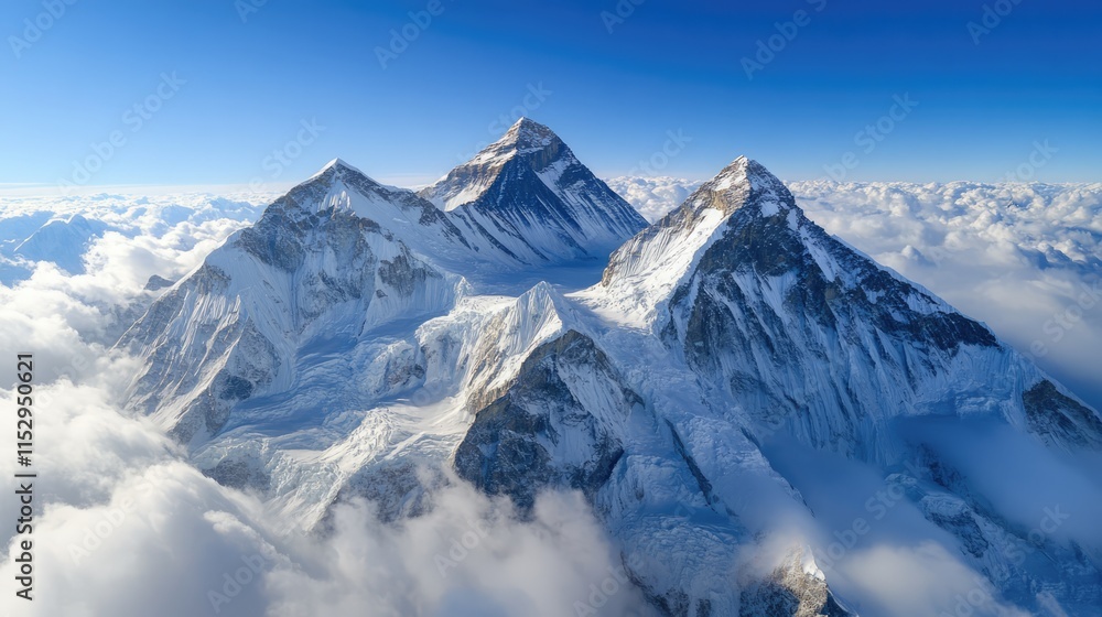 aerial view of majestic snow-capped mountains under clear blue sky with clouds creating a stunning natural landscape background aerial view of majestic snow-capped mountains under clear blue sky with clouds creating a stunning natural landscape background