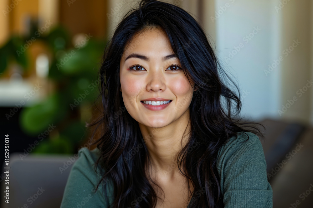A woman with long black hair smiling at the camera A woman with long black hair smiling at the camera