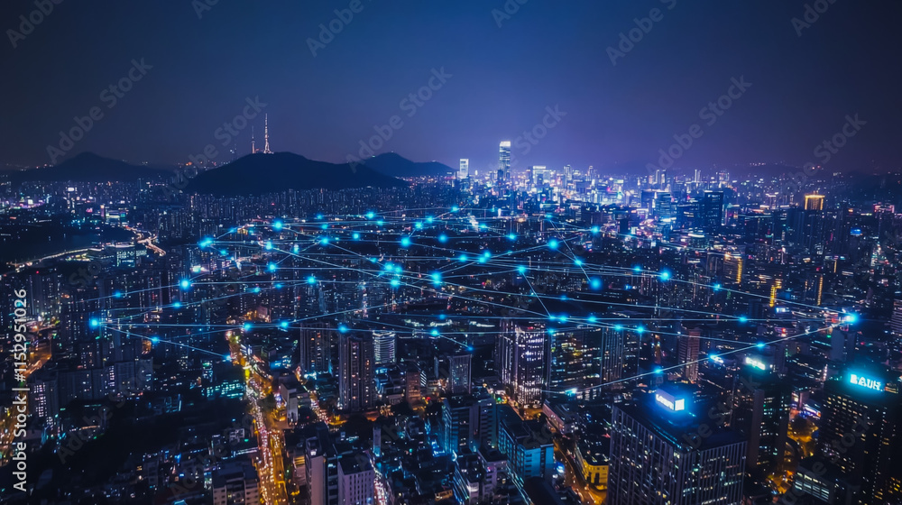 Obraz premium Abstract businesswoman stands on the peak of success Smart digital city with connection cyber security network reciprocity over the cityscape future wireless digital city and social media networking