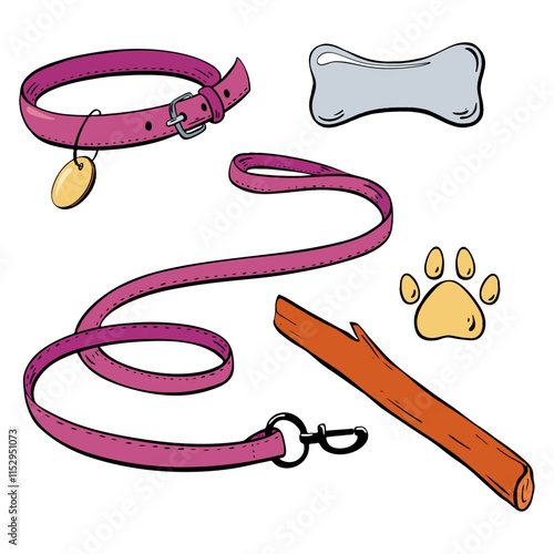 Essential Dog Accessories Colorful Collar, Sturdy Leash, Fun Bone, and Cute Paw Print.Vector illustration. Pet shop