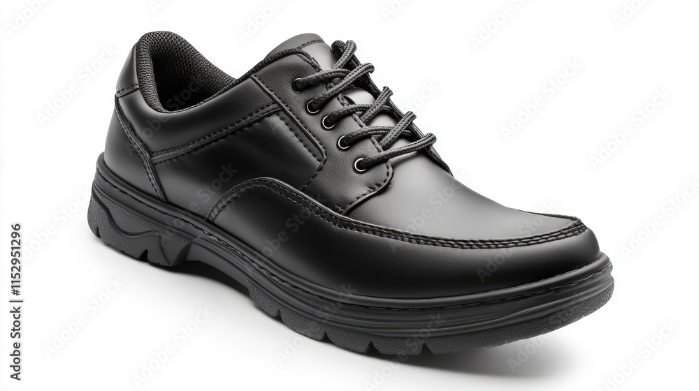 Black leather men's shoe on white background showcasing modern design and comfort suitable for casual and formal occasions. Black leather men's shoe on white background showcasing modern design and comfort suitable for casual and formal occasions.
