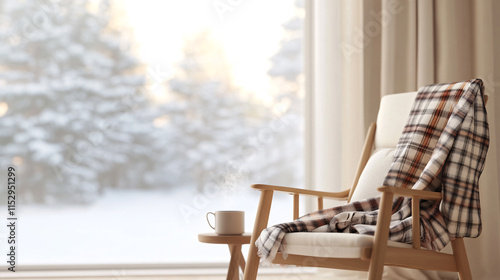 A warm indoor setting with a wooden rocking chair draped in a plaid blanket. The chair sits by a large window, revealing a winter wonderland outside. A small side table holds a vintage oil lamp and a photo