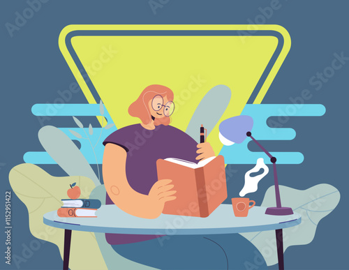 Woman writing in notebook. Female student reading book and taking notes. Girl keeping diary. Vector illustration for journal, studying, education concept