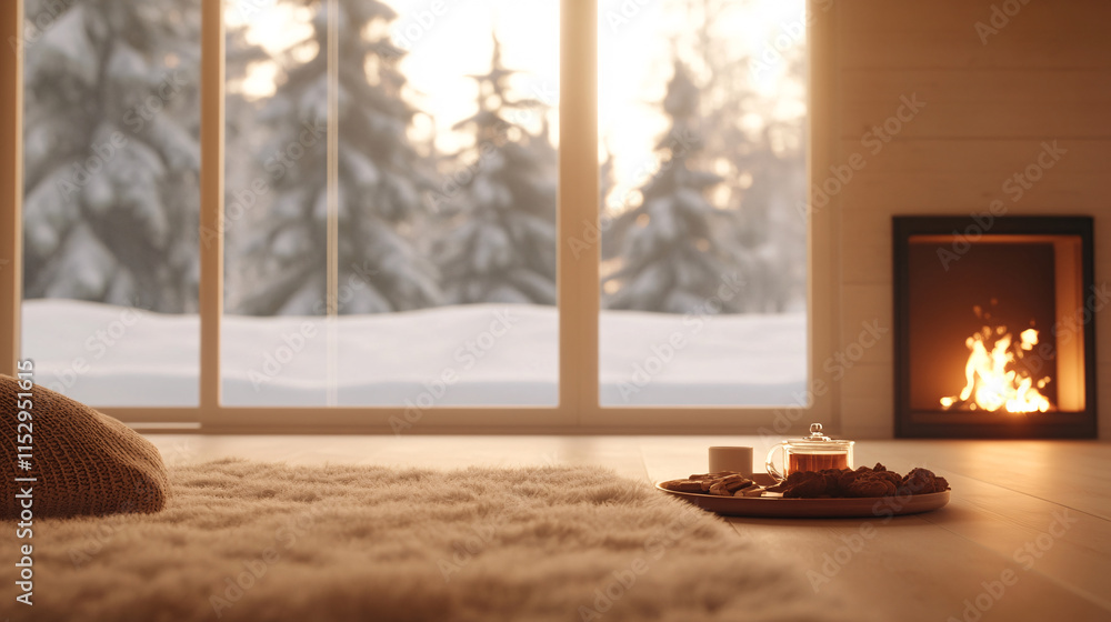 A peaceful indoor scene illuminated by the golden glow of a fireplace. A thick, furry rug lies in front of the fire, surrounded by soft pillows and a tray with tea and cookies. Snow-covered pines are A peaceful indoor scene illuminated by the golden glow of a fireplace. A thick, furry rug lies in front of the fire, surrounded by soft pillows and a tray with tea and cookies. Snow-covered pines are