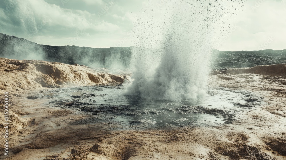 Geyser Eruption from Crater Releasing Carbon Dioxide Through Water in a Natural Landscape Scene Geyser Eruption from Crater Releasing Carbon Dioxide Through Water in a Natural Landscape Scene