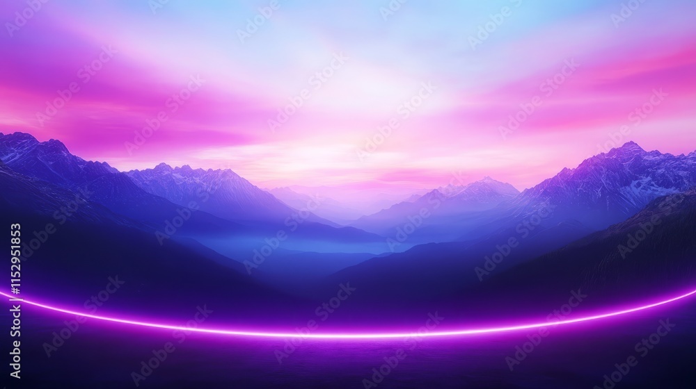 Fototapeta premium Neon Glow Over Purple Mountain Range at Sunset