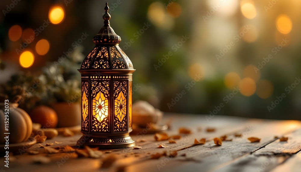 A wooden table adorned with a lantern and candles, creating a serene atmosphere for Ramadan Kareem celebrations A wooden table adorned with a lantern and candles, creating a serene atmosphere for Ramadan Kareem celebrations