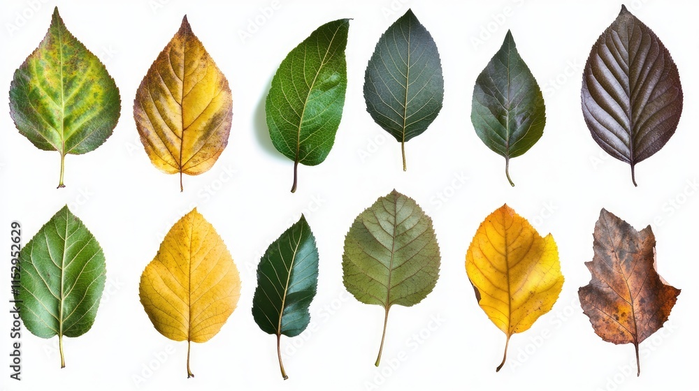 Obraz premium Variety of Leaves Displaying Different Colors and Shapes Representing Seasonal Changes in Foliage