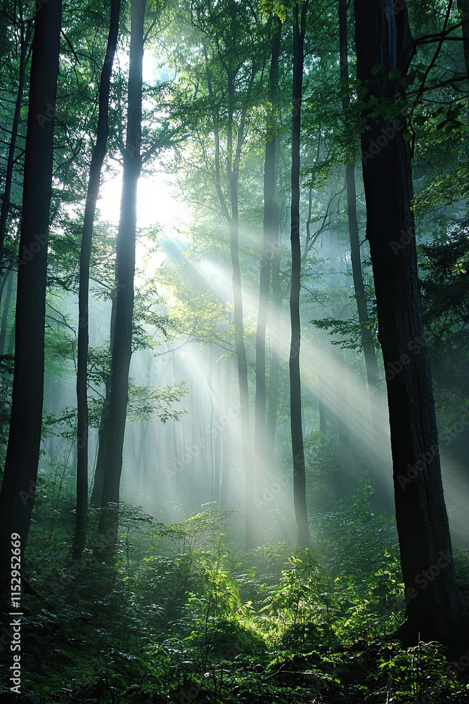 Misty morning in a dense forest with sunlight filtering through the trees Misty morning in a dense forest with sunlight filtering through the trees