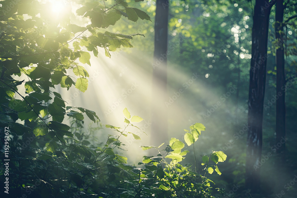 Misty morning in a dense forest with sunlight filtering through the trees Misty morning in a dense forest with sunlight filtering through the trees
