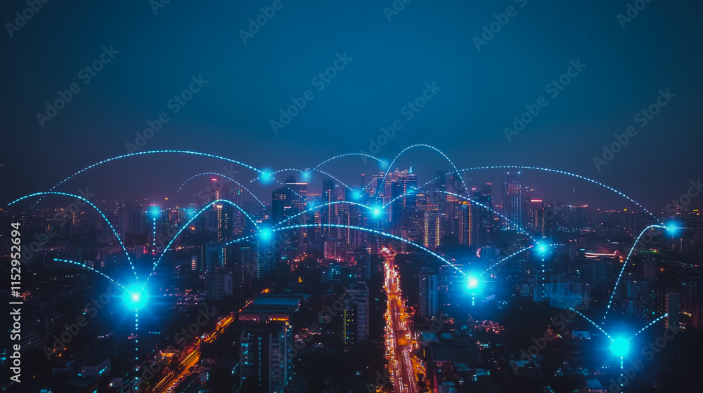 Abstract businesswoman stands on the peak of success Smart digital city with connection cyber security network reciprocity over the cityscape future wireless digital city and social media networking Abstract businesswoman stands on the peak of success Smart digital city with connection cyber security network reciprocity over the cityscape future wireless digital city and social media networking