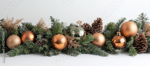 Winter holiday decorations with shimmering garland green fir pine branches and festive ornaments including golden and bronze baubles photo