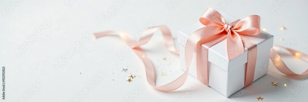 Obraz premium Elegant white gift box with sparkles and ribbons, pretty gift, presentation, white