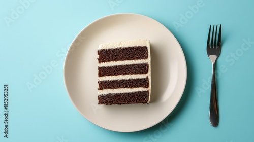 Decadent impossible cake slice on a white plate with a fork against a bright turquoise background showcasing dessert presentation photo