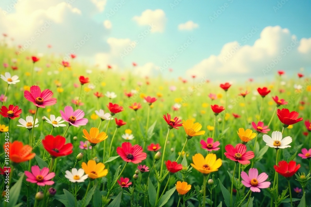 Obraz premium Field of colorful wildflowers swaying gently in the breeze, bloom, wildflowers, wind