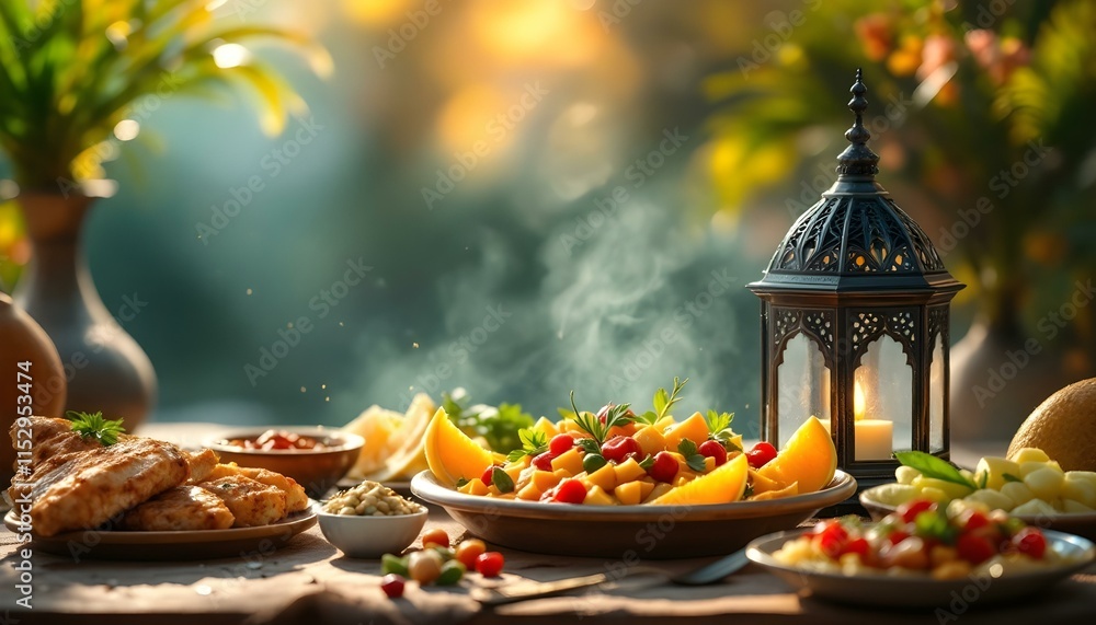Aerial view of assorted Arabic dishes on a dark surface, highlighting traditional Ramadan food Aerial view of assorted Arabic dishes on a dark surface, highlighting traditional Ramadan food