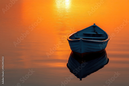 A boat on calm water at sunset, creating a serene silhouette reflection photo